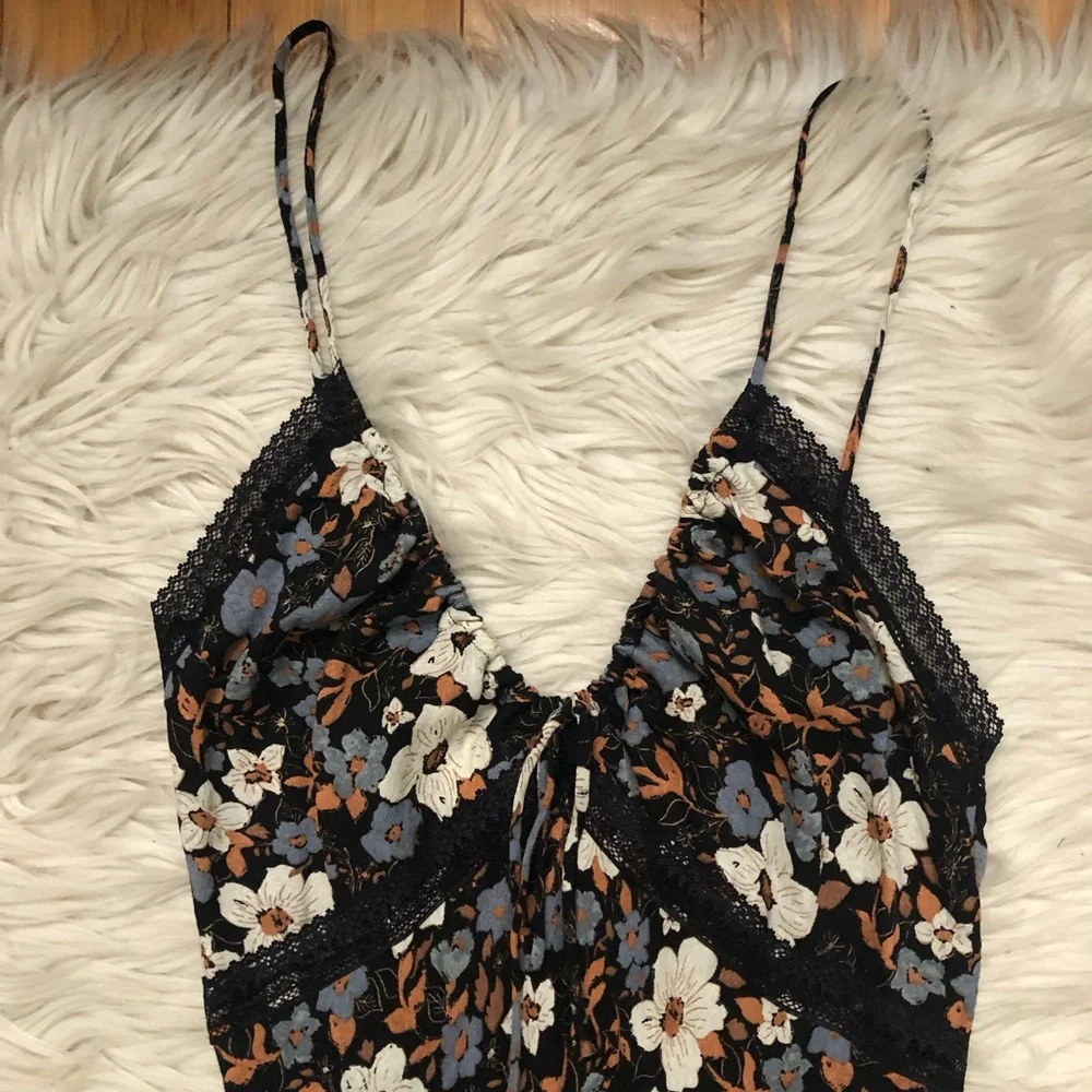 Free People All I Wanted Lace Floral Ditsy Black Brown Maxi Slip Dress size S